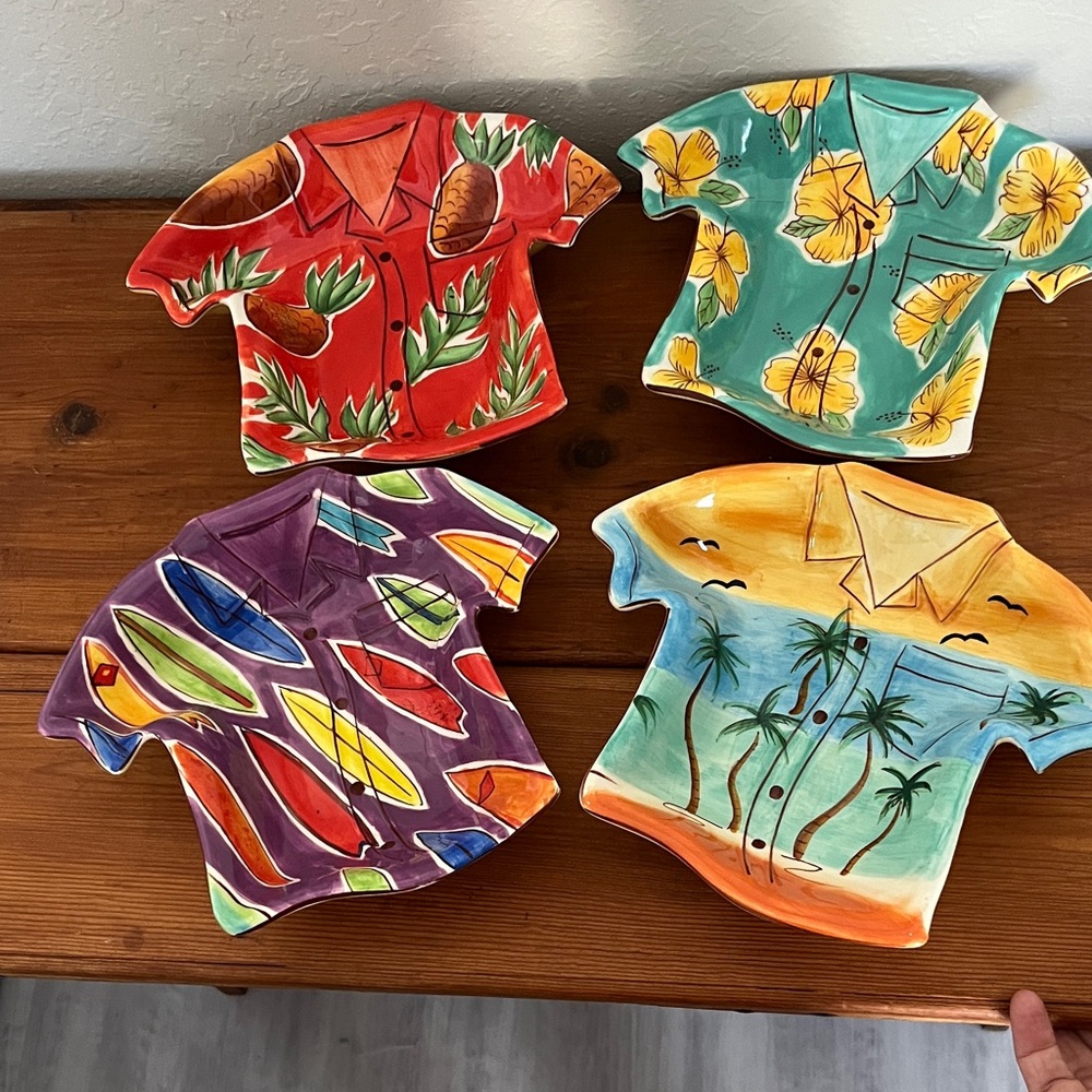 Clay Art Vintage Hawaiian Shirt Shaped Ceramic Deep Plates Set of 4
